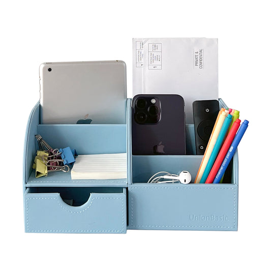 UnionBasic Desk Organizer, Multifunctional Office Leather Desktop Pen Holder Storage Box, Blue