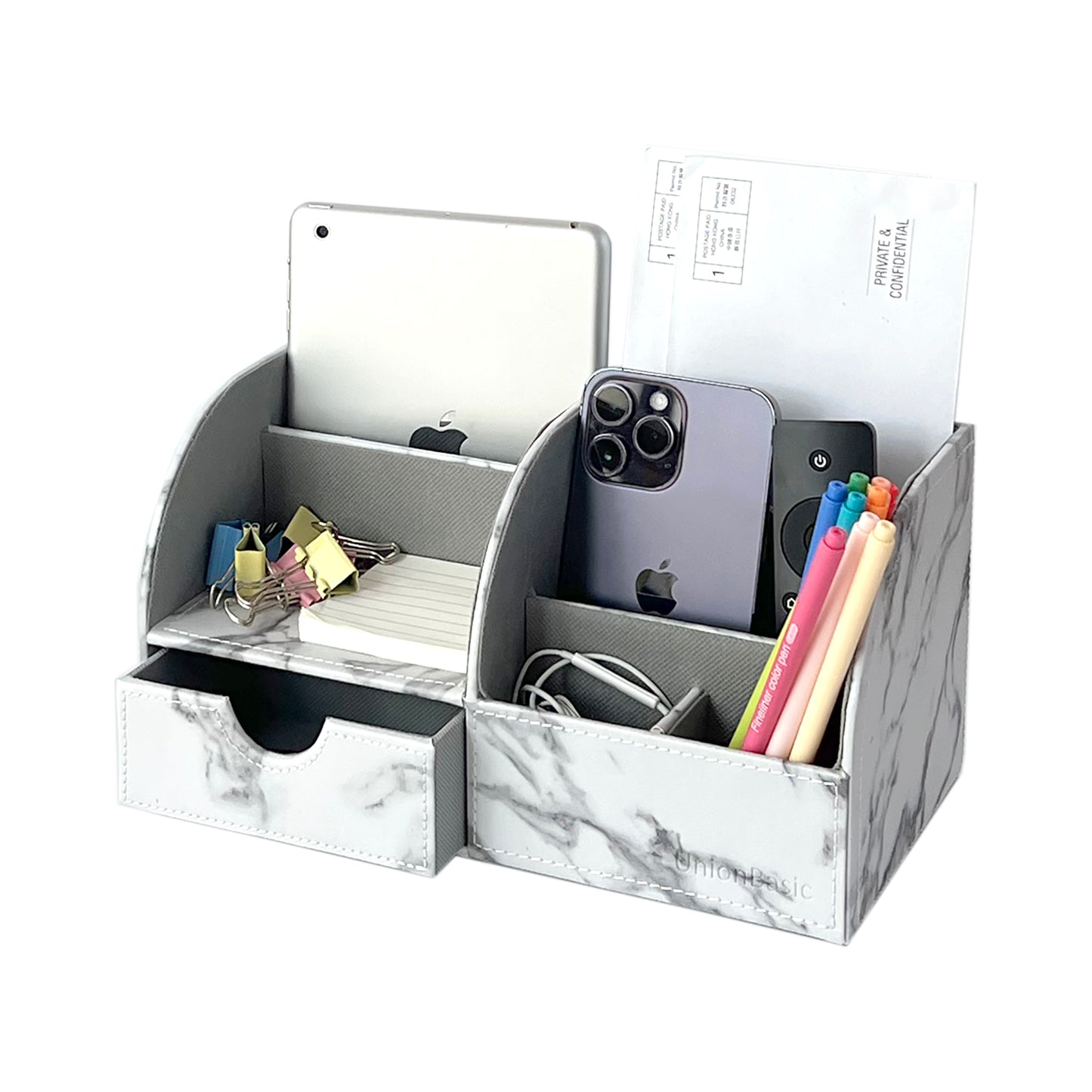 UnionBasic Desk Organizer, Multifunctional Office Leather Desktop Pen Holder Storage Box, Marble White